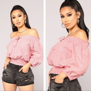 Fashion Nova Red Striped Off the Shoulder Top